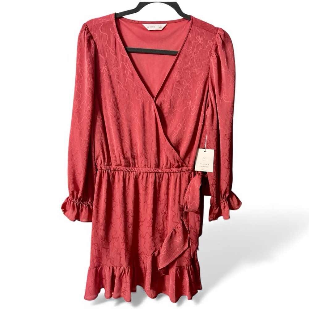 LC Lauren Conrad Coral Ruffle Hem Dress with Bow Texture NWT Size Large
